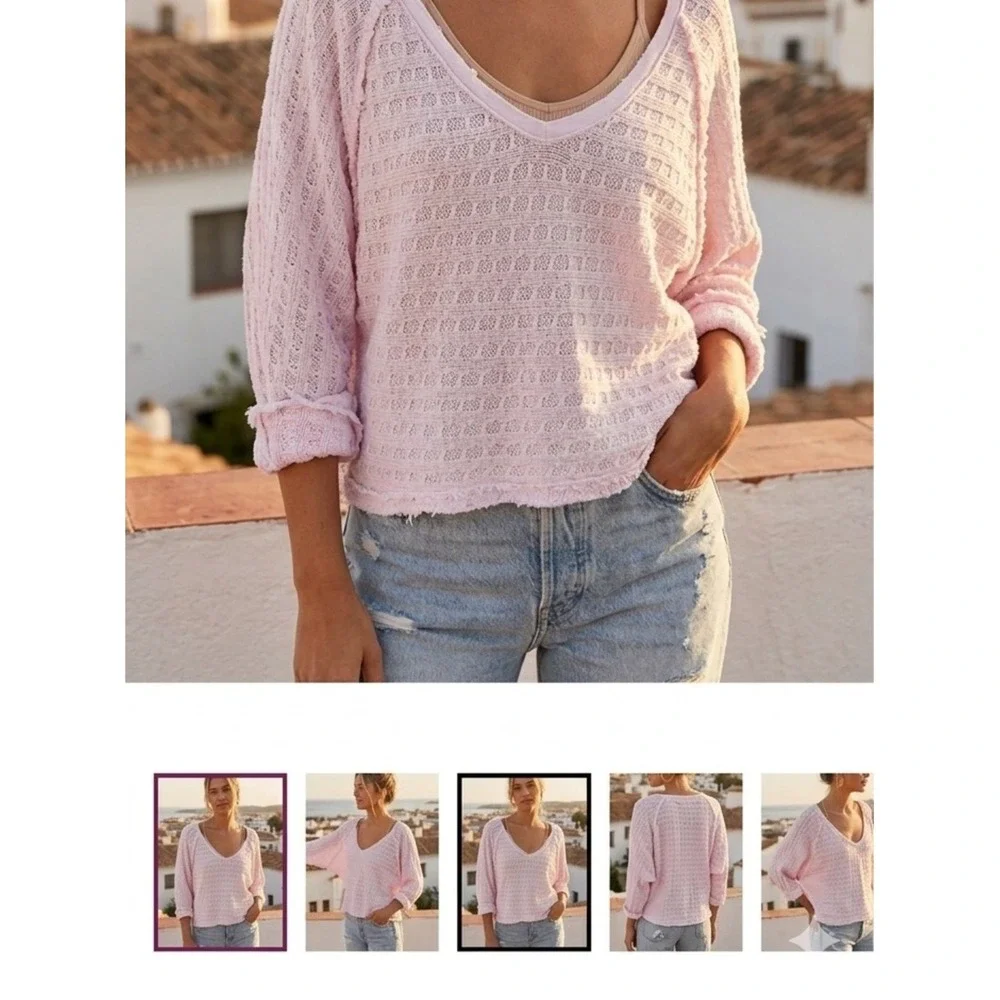 We The Free Free People Pink Waffle Knit Dolman Sweater Raw Hem Boho Extra Small